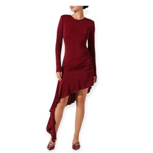 ASTR Metallic Long Sleeve Asymmetric Hem‎ Minidress In Wine Red